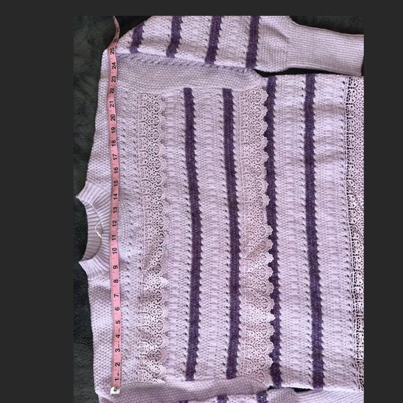 Purple Fringe Chunky Knit Lace Sweater Striped Ribbed Oversized - Picture 9 of 14